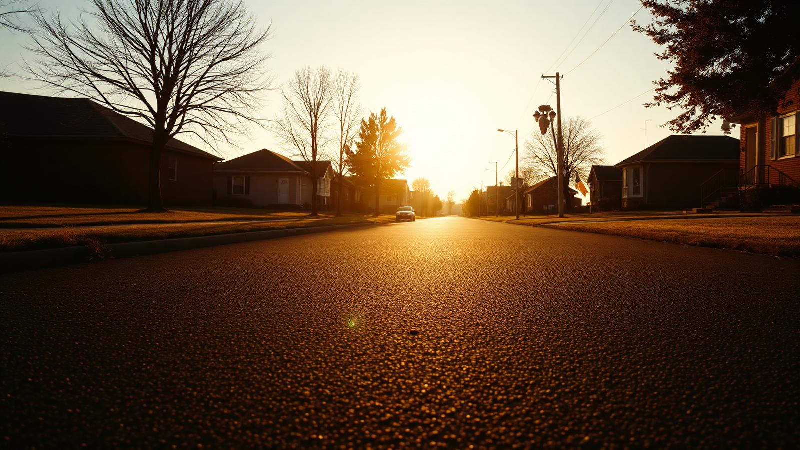 Freshly paved residential street at golden hour